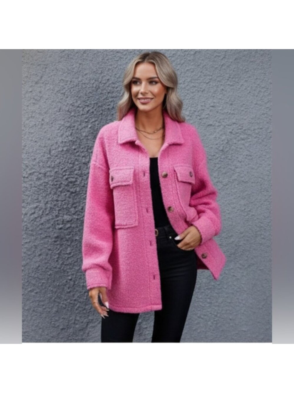 Flap Pocket Drop Shoulder Teddy Coat Jacket Pink - Picture 2 of 10
